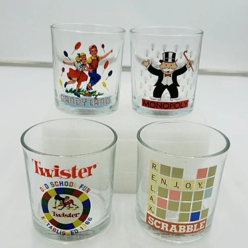 Hasbro Gaming Drinking Glass Set of 4 Twister Candy Land Scrabble Monopoly NIB